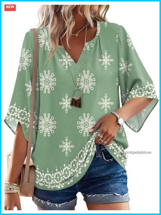 Tops - 3/4 Sleeve Boho V Neck Tunic Blouse Loose Fit Peasant Top